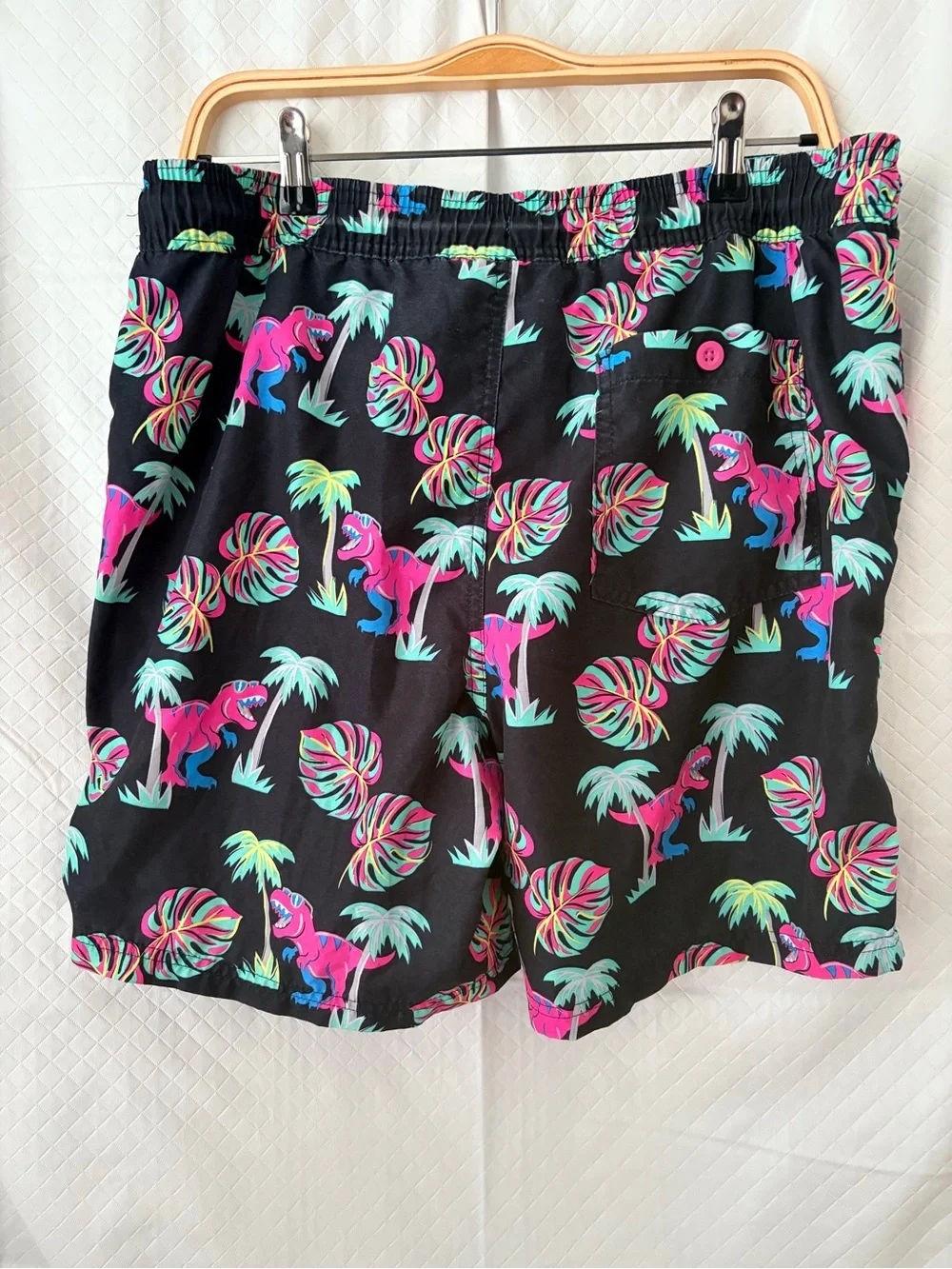 No Boundaries Black Swim Trunks with Neon Pink & Teal Dino Print